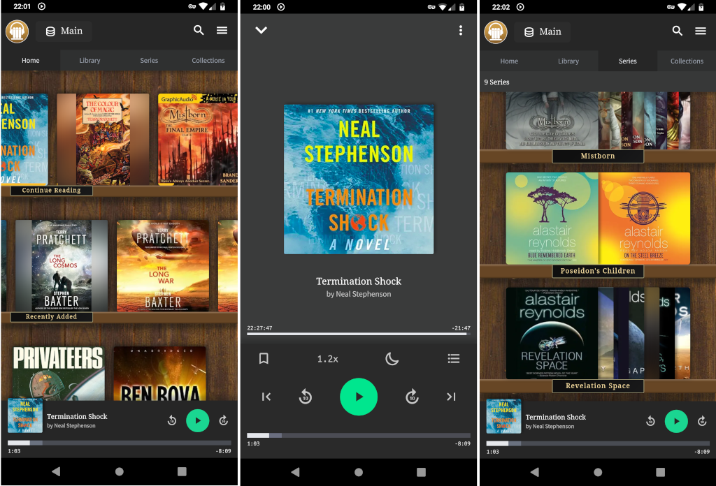 Three audiobookshelf screens on android