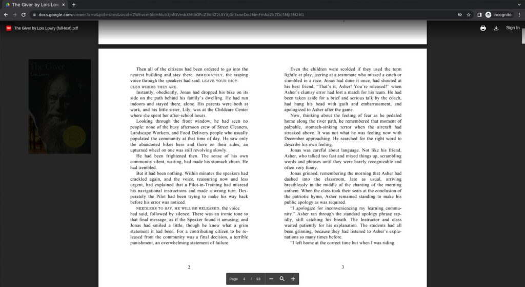 The Giver PDF in Chrome