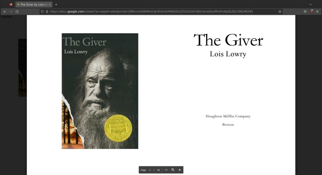 firefox PDF reader showing The Giver