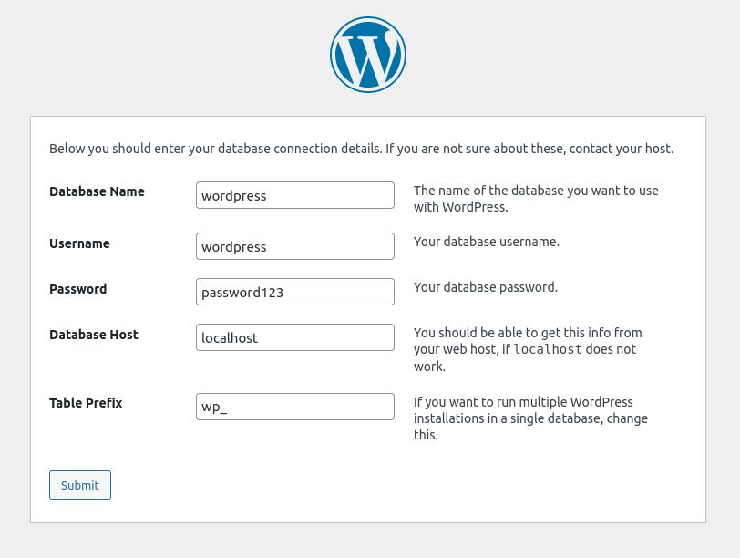 Wordpress installation wizard and database details