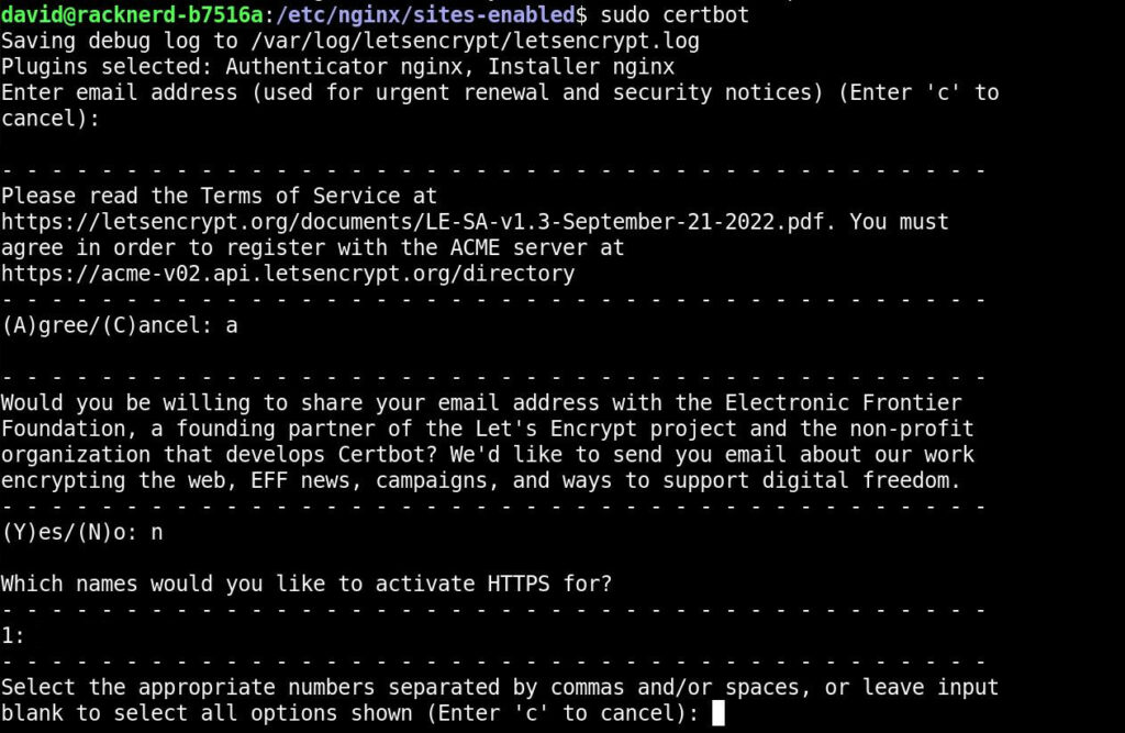 certbot wizard in an Ubuntu terminal