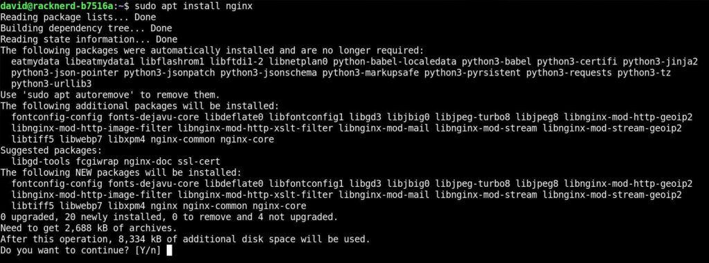 A linux terminal showing output for sudo apt install nginx