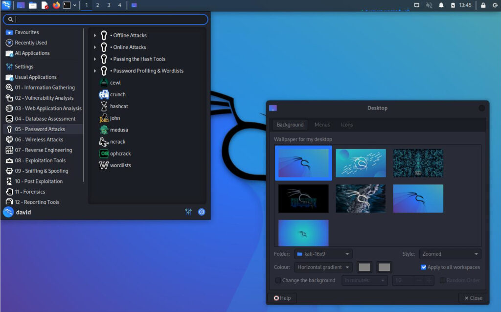 Kali Linux desktop with start menu and wallpape chooser open. 