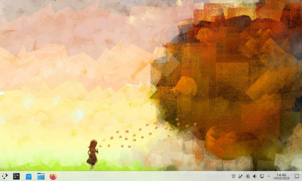 The KDE Neon desktop with wallpaper showing a child looking at a large tree