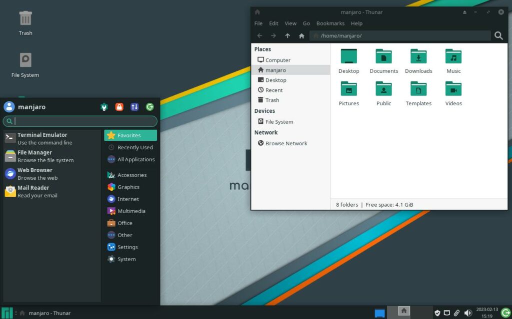 manjaro Linux desktop with start menu and file explorer open