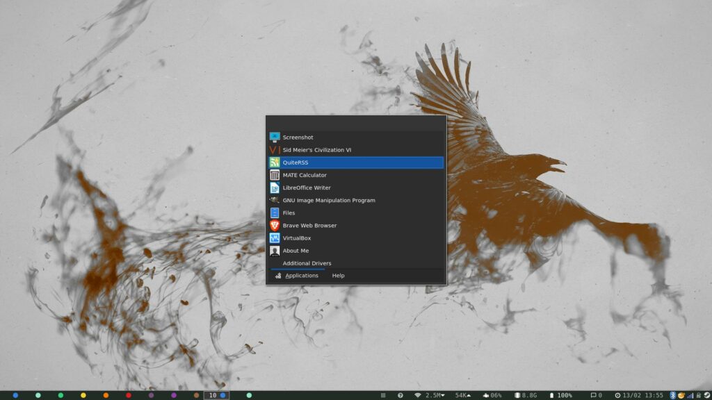The Regolith Linux desktop with a stylised crow wallpaper and the Rofi menu