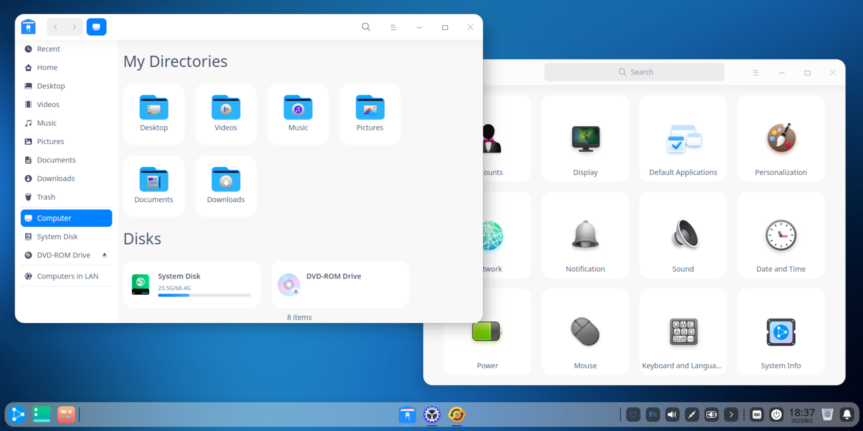 deepin desktop showing files and settings