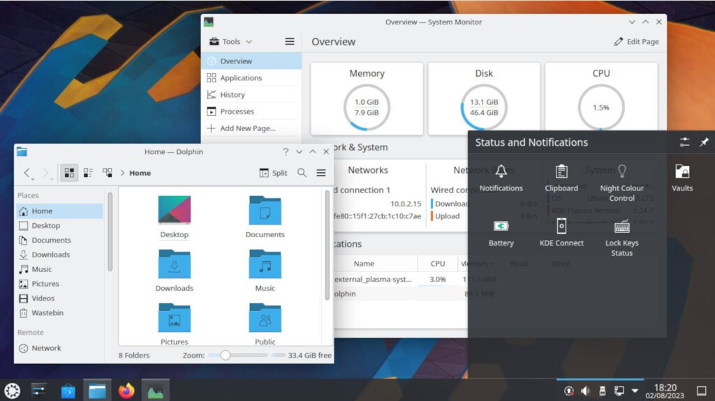 kde desktop showing system monitor and open folder