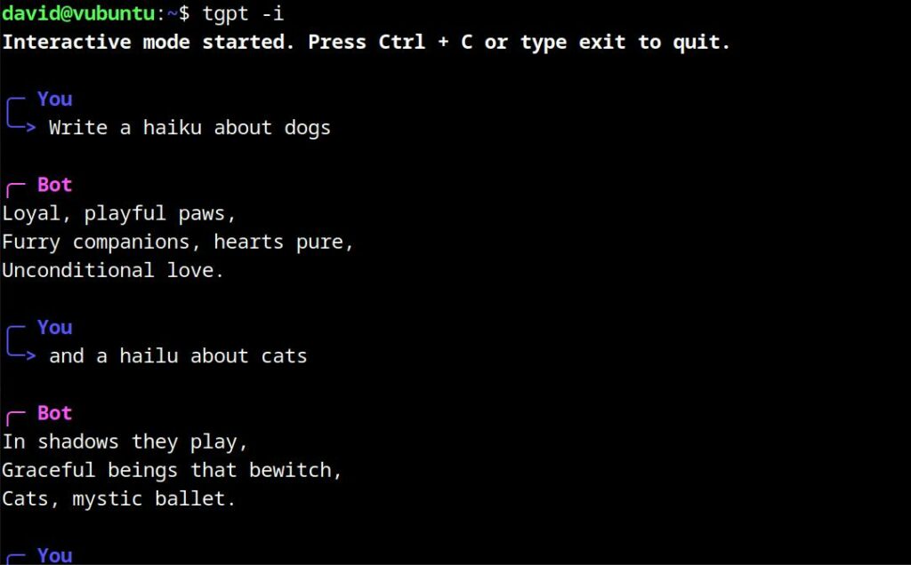 tgpt in interactive mode showing a haiku about dogs and one about cats
