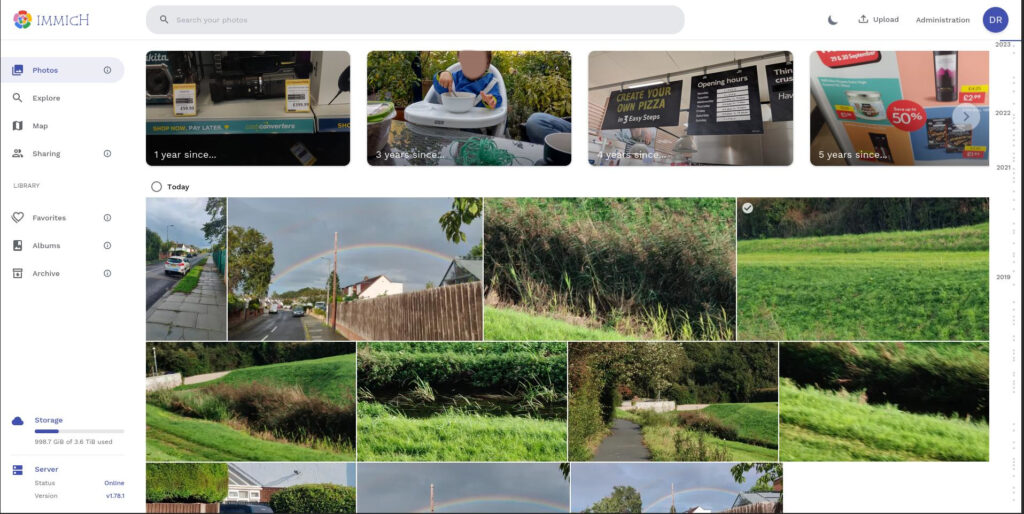 immich web interface showing memories and photos from today