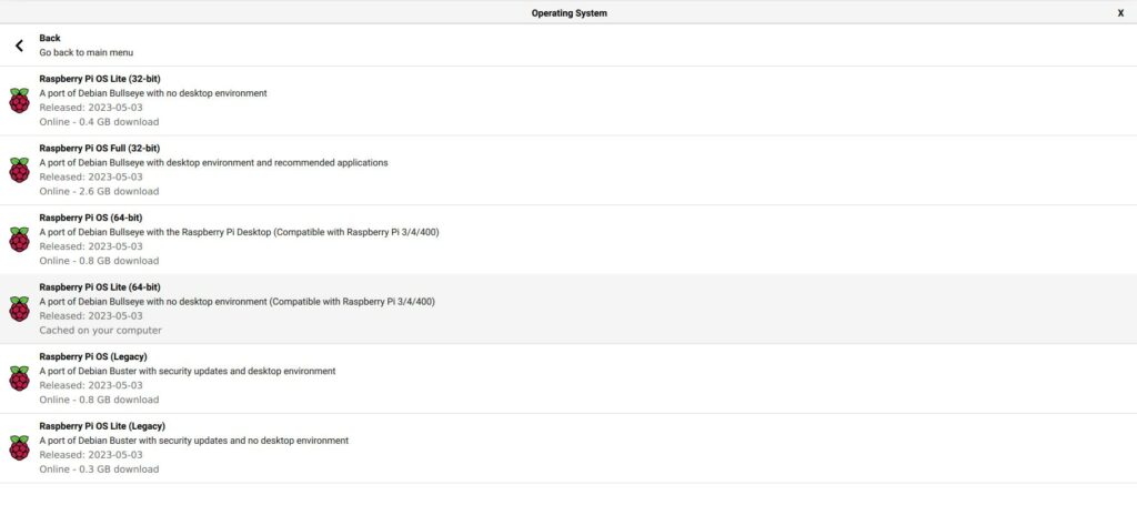 raspberry pi os imager with raspberry pi os lite (64 bit) highlighted