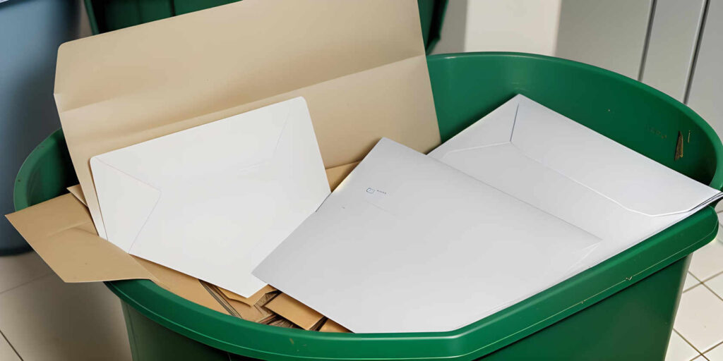 Envelopes and letters in a green garbage bin