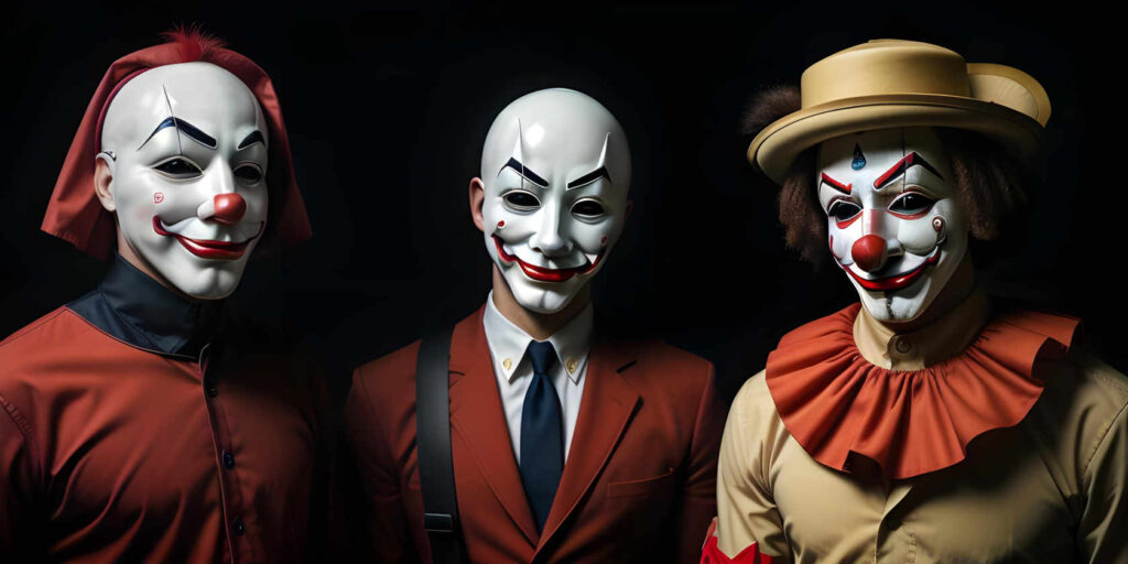 Three men with clown masks, wearng a variety of costumes and hats