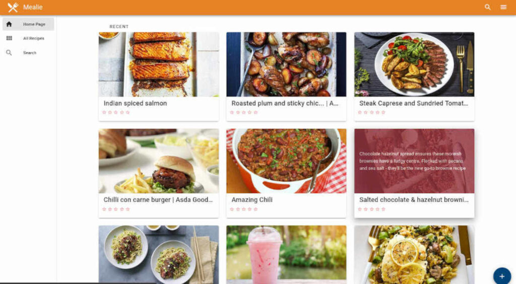 The mealie app showing a bunch of tasty recipes