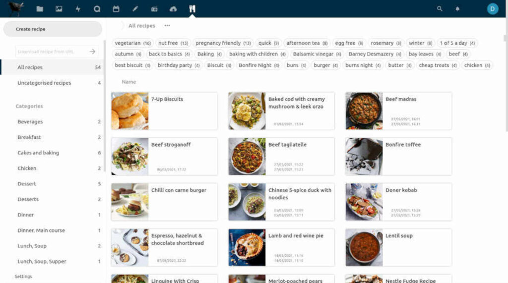 Nextcloud cookbook showing multiple recipes