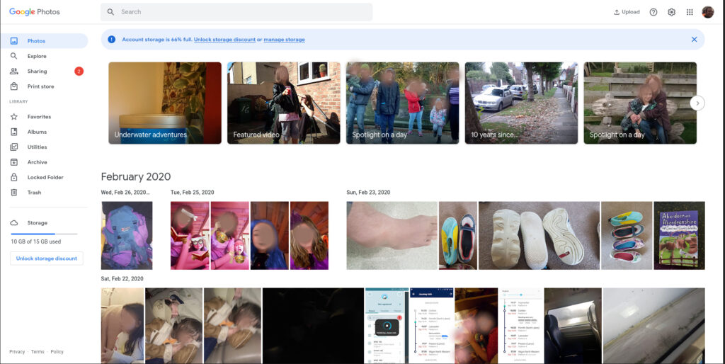google photos web interface showing nags and images from 2020 