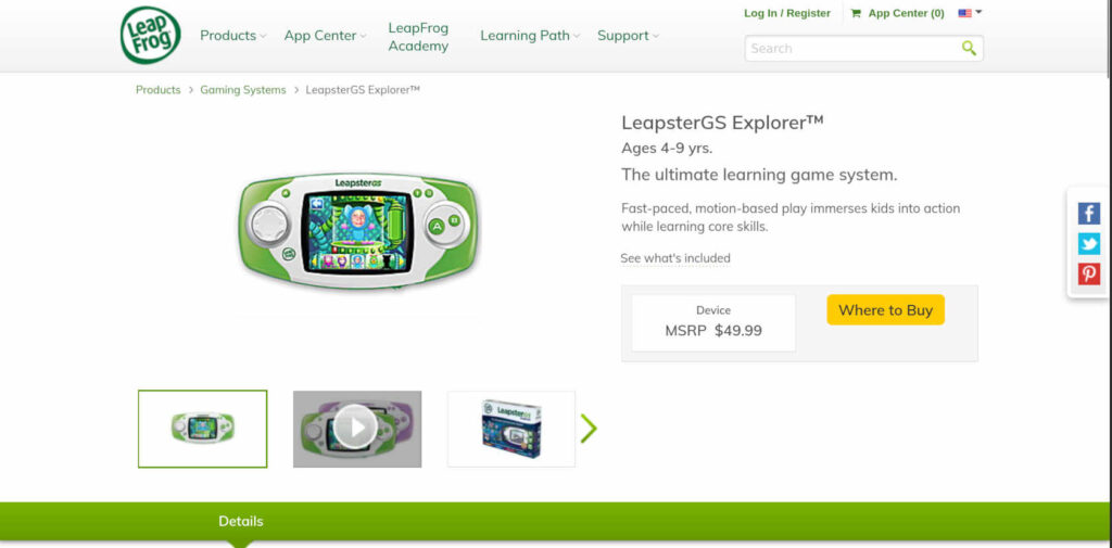 official Leapfrog sales page for the Leapster GS showing the official MRSP of $9.99