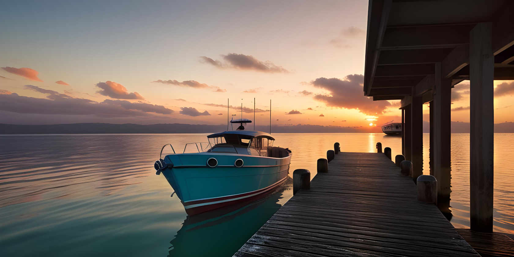 A cabin cruiser docked next to a pier at sunrise
