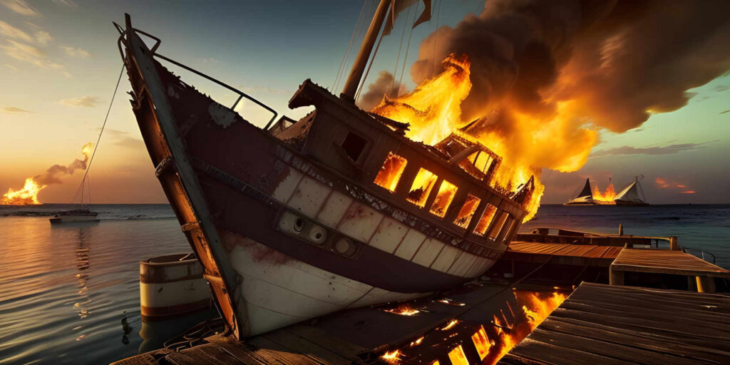 A sailing boat on file at a dock. The dock is also on fire