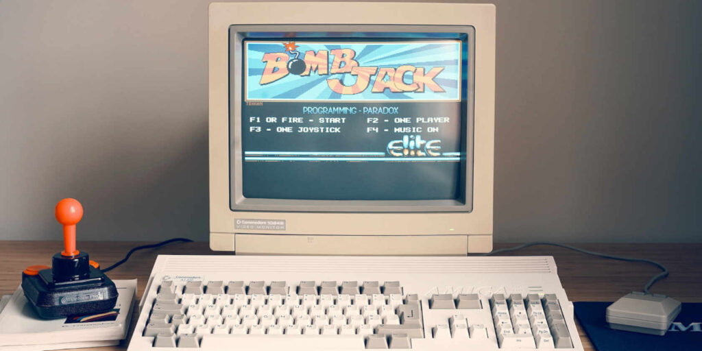 Amiga 1200 with a CRT monitor playing Bomb Jack