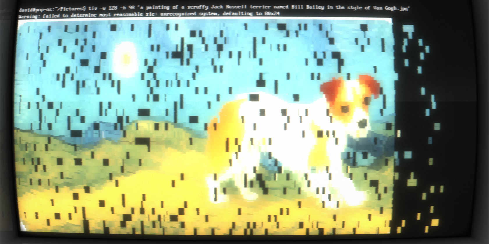 A scruffy Jack russel displayed on a glitchy terminal