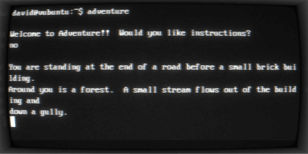 colossal cave adventure on cool retro term with an emulated black and white IBM screen