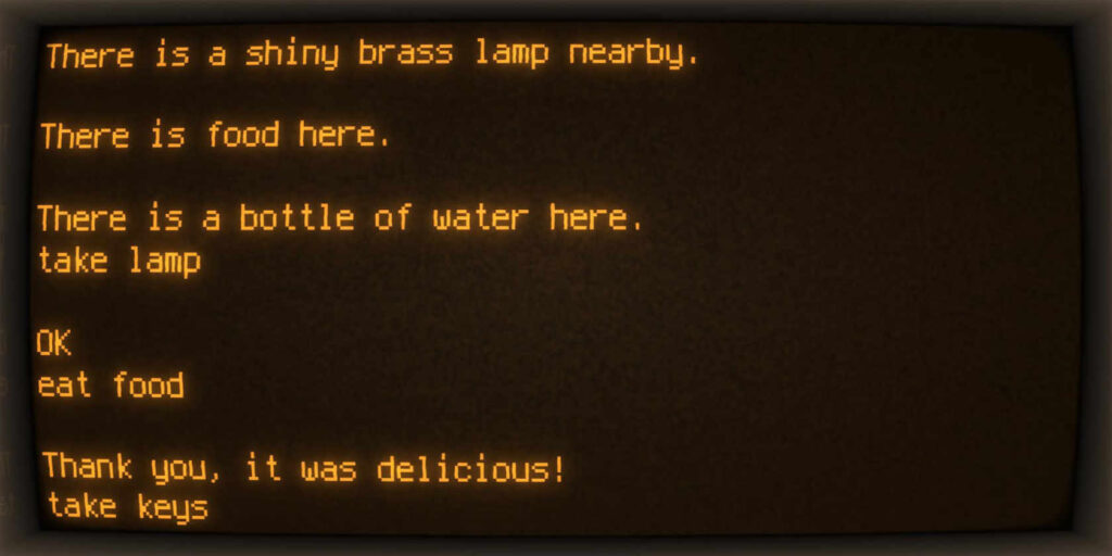 collosal cave adventure played using cool-retro-term on a 1980s style amber terminal
