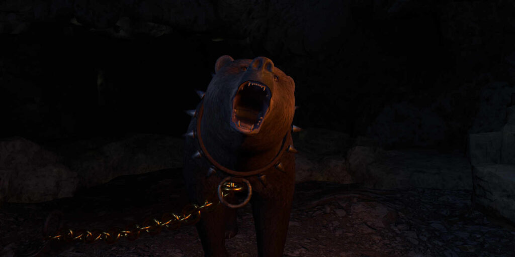 A large 3d bear with a collar and chain
