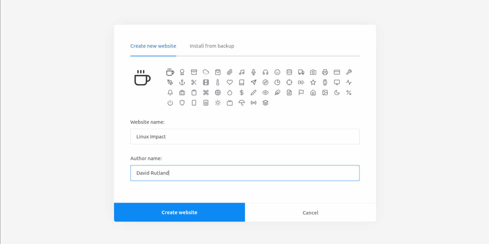 Create new site dialogue, showing icons, Site name and author name