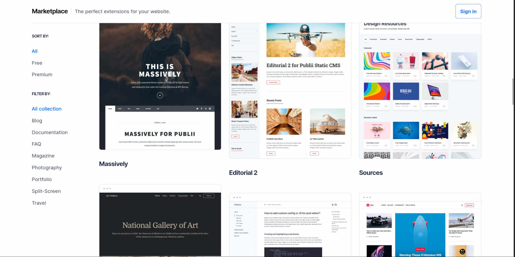 The Publii marketplace showing a selection of themes