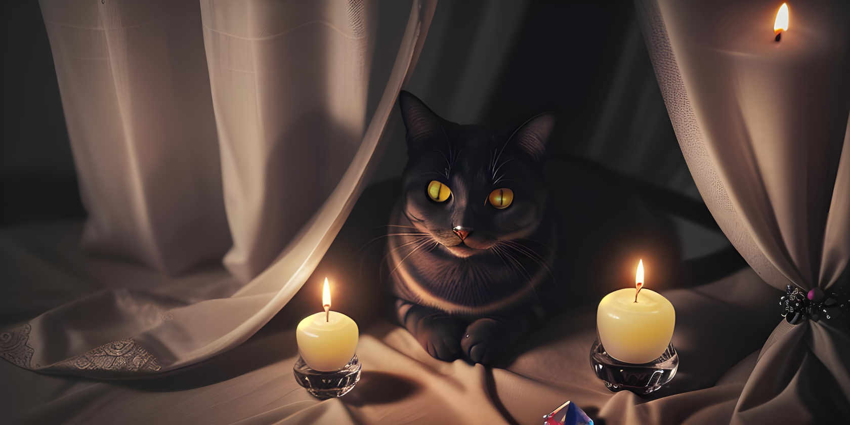An artistic rendition of a cat sitting among curtains and illuminated by three candles