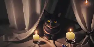 An artistic rendition of a cat sitting among curtains and illuminated by three candles