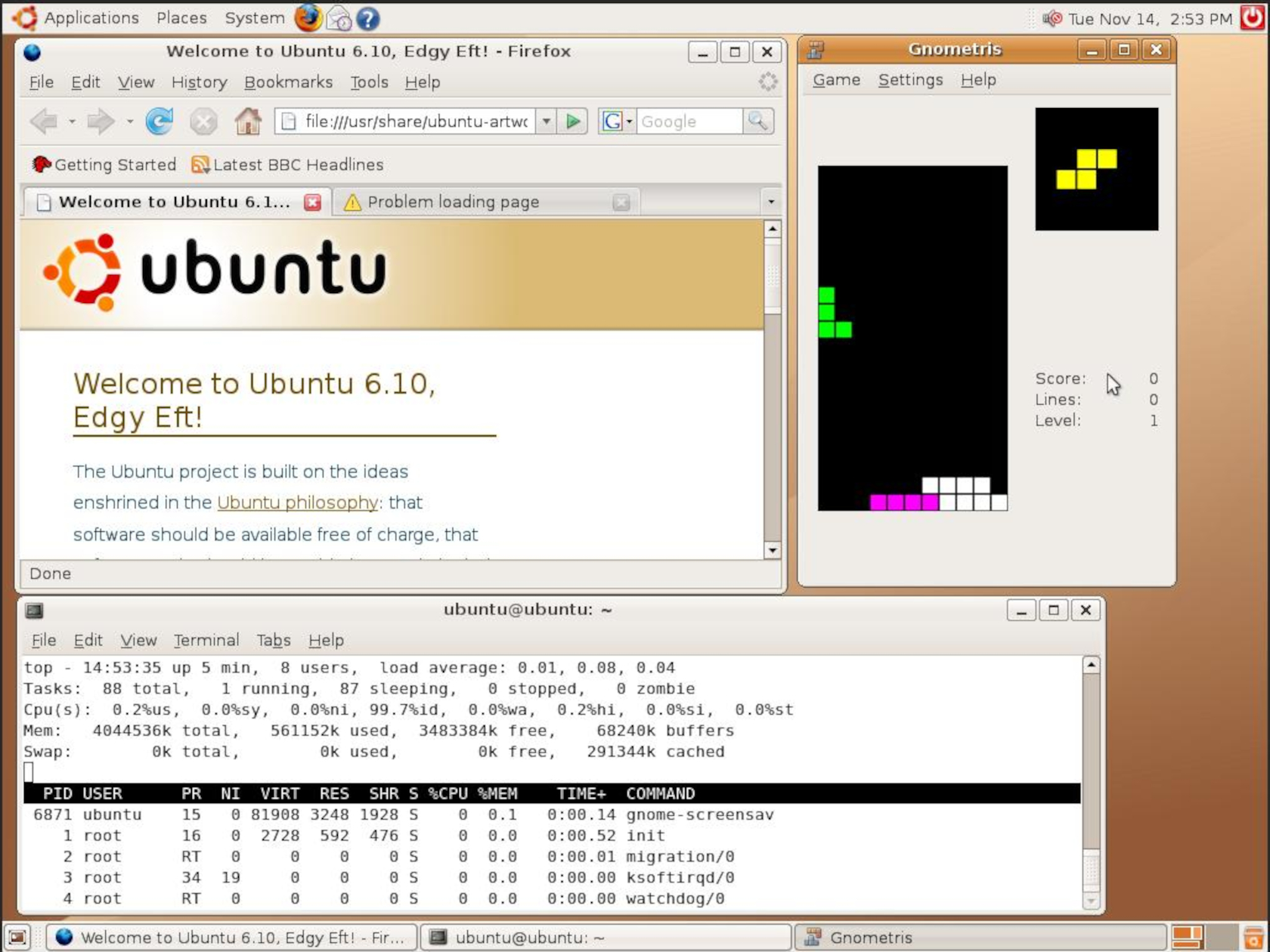 The edgy eft desktop with firefox, tetris and top running