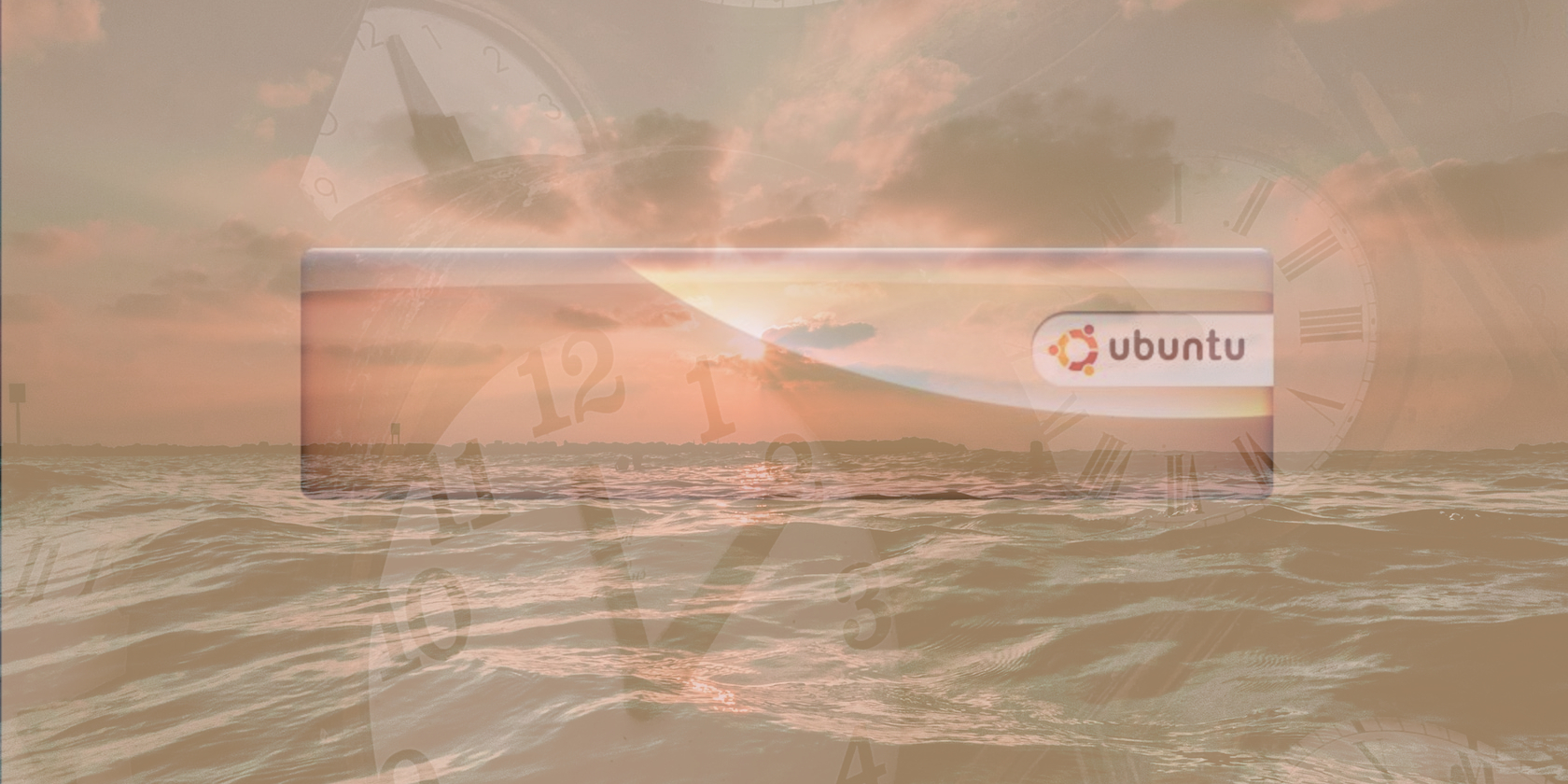 Ubuntu 6.10 boot screen overlaid with high transparency clocks and the ocean at sunset