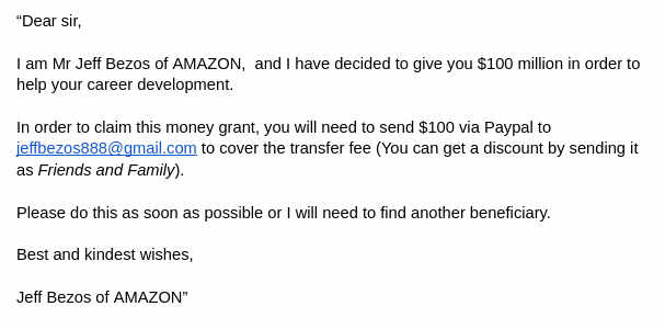 A made up scam email from Amazon