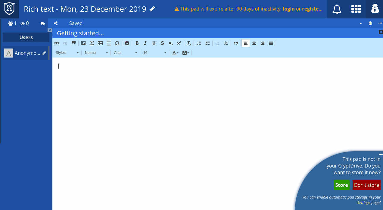 A blank document open in the Cryptpad editoe