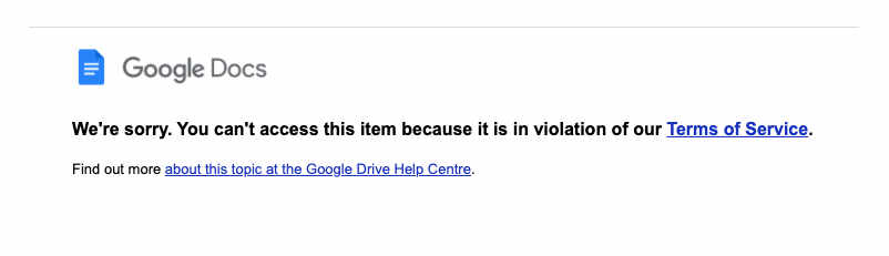 A notice from google denying access to the document