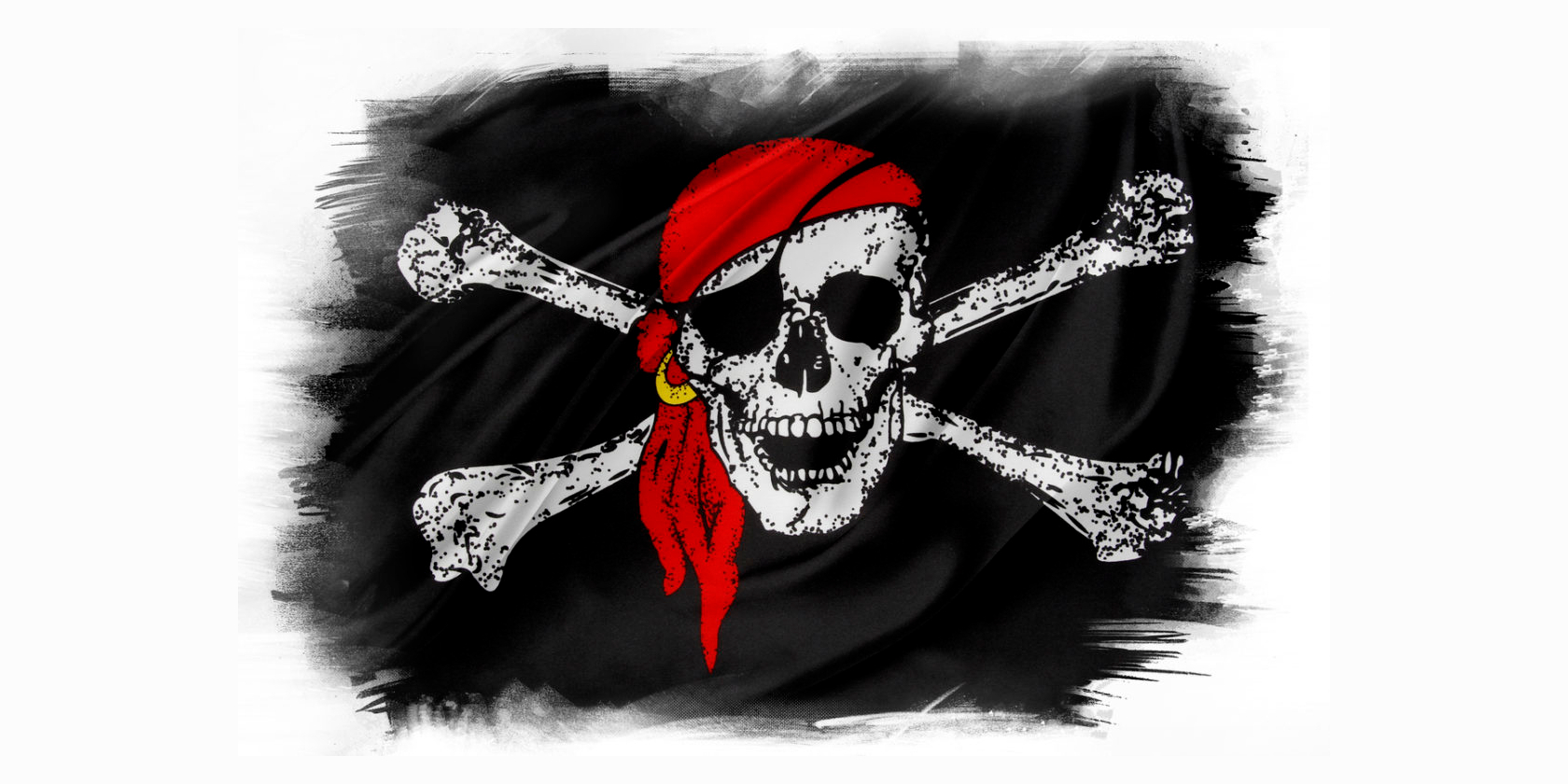 A pirate flag featuring a skull with a red bandana