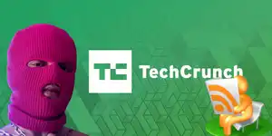 The techcrunch log on a green banner. The head of a man in a pink balaclava on the left and an RSS image on the right