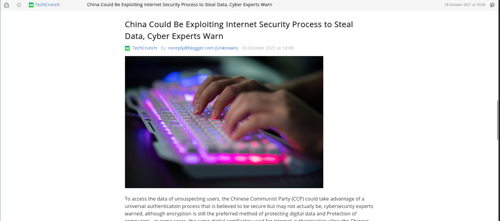 A news article with the headline: China Could Be Exploiting Internet Security Process to Steal Data, Cyber Experts Warn