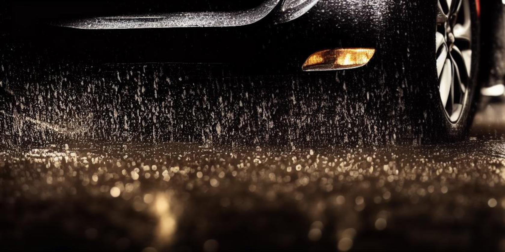 closeup image from ground level of the front of a car and one tyre in heavy rain at night