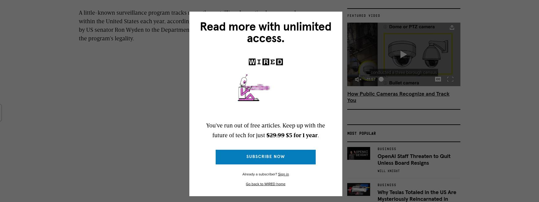 Wired paywall stating: Read more with unlimited access. Image You've run out of free articles. Keep up with the future of tech for just $29.99 $5 for 1 year.