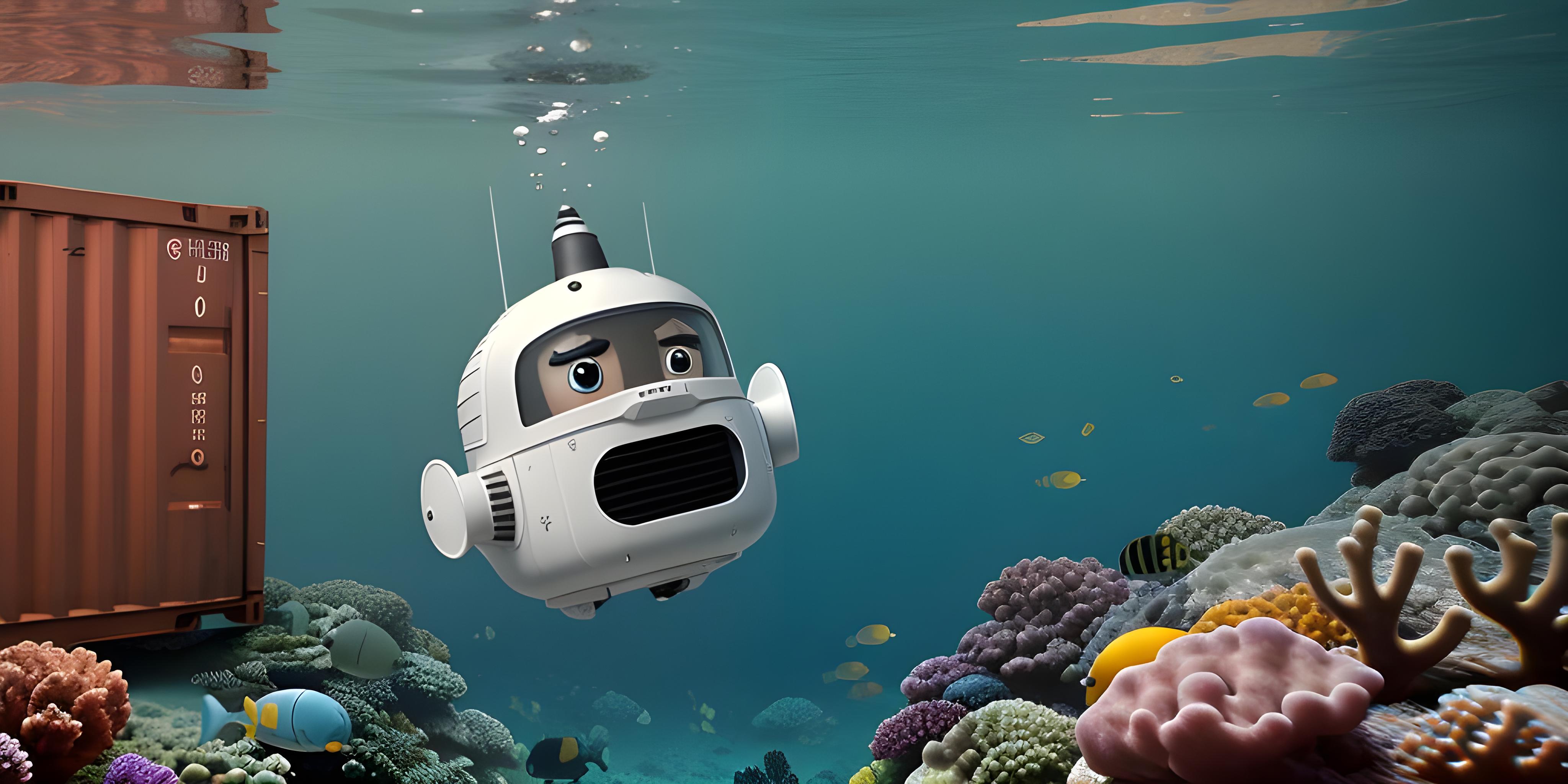 A cartoonish submarine with eyes next to a shipping container underwater