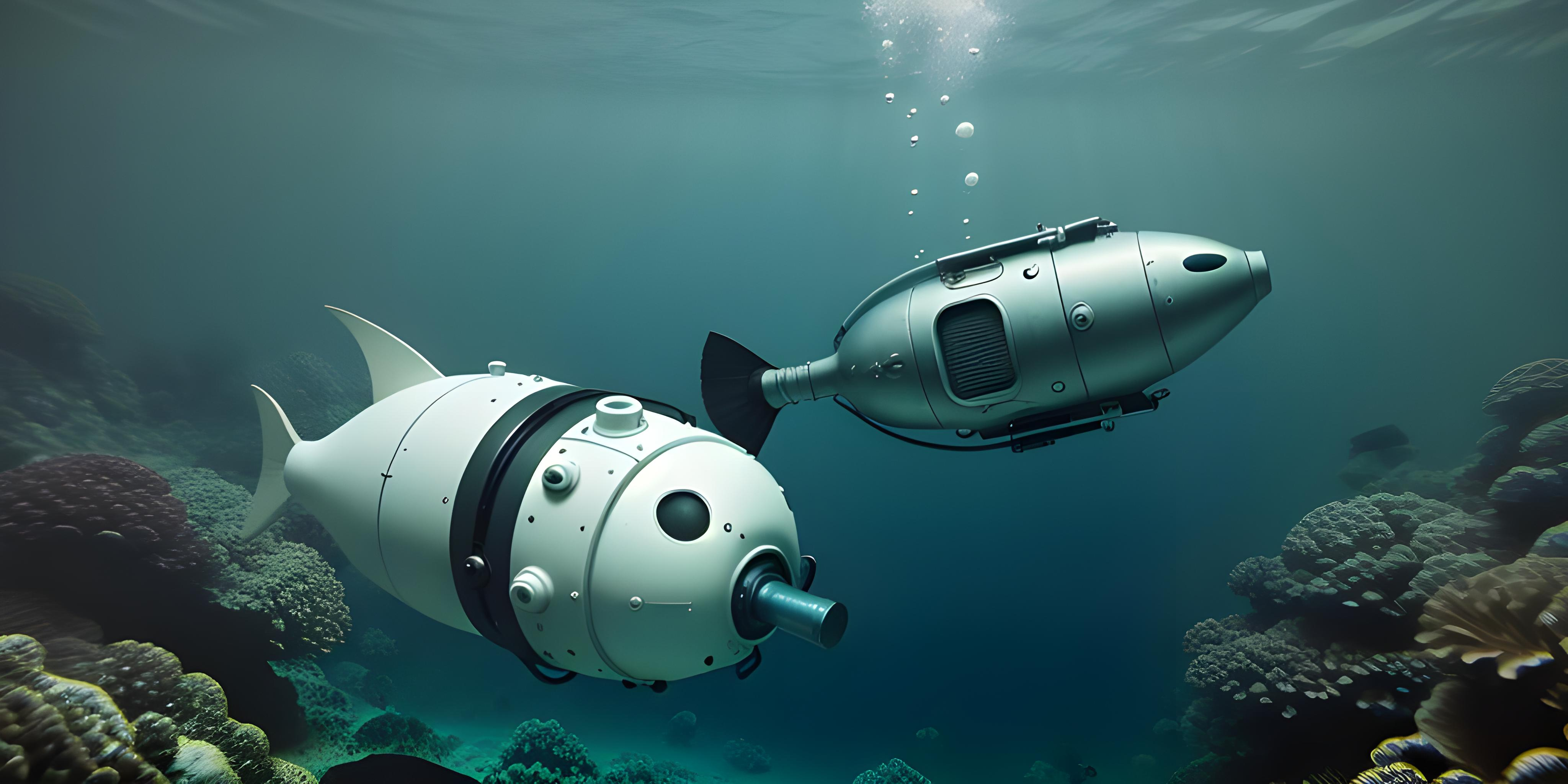 two fish-like submersibles exploring a coral reef