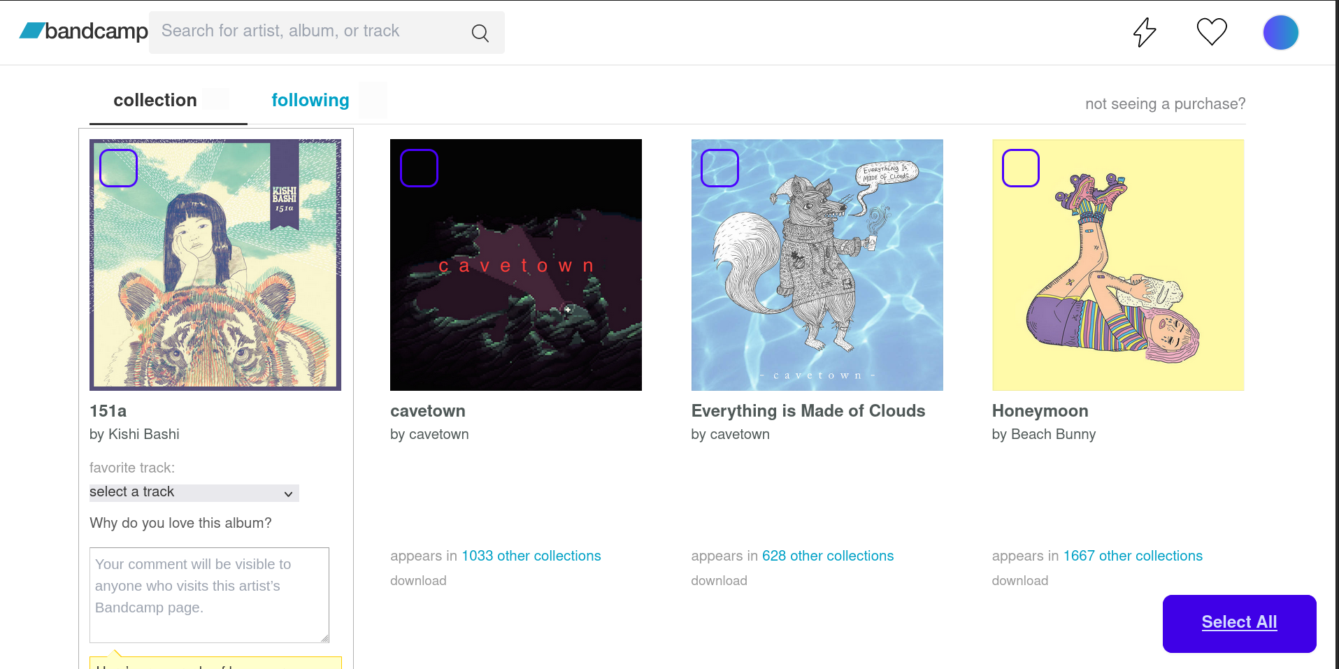 bandcamp collection with batchcamp purple button