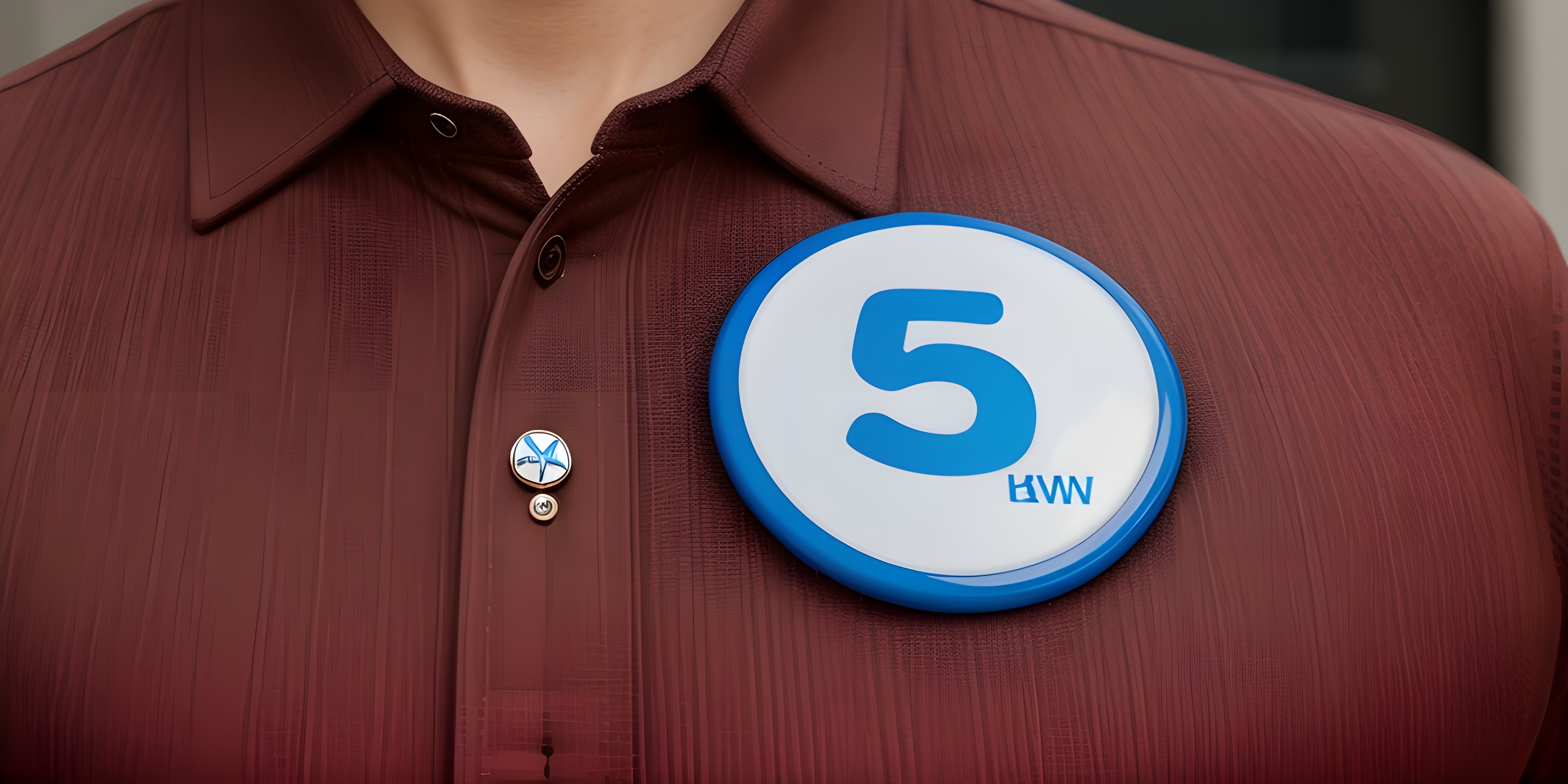AI generated image for the prompt - Where did the badge come from? What's the point? Does it actually mean anything? - a large badge with the number 5 and garbled text on a maroon shirt