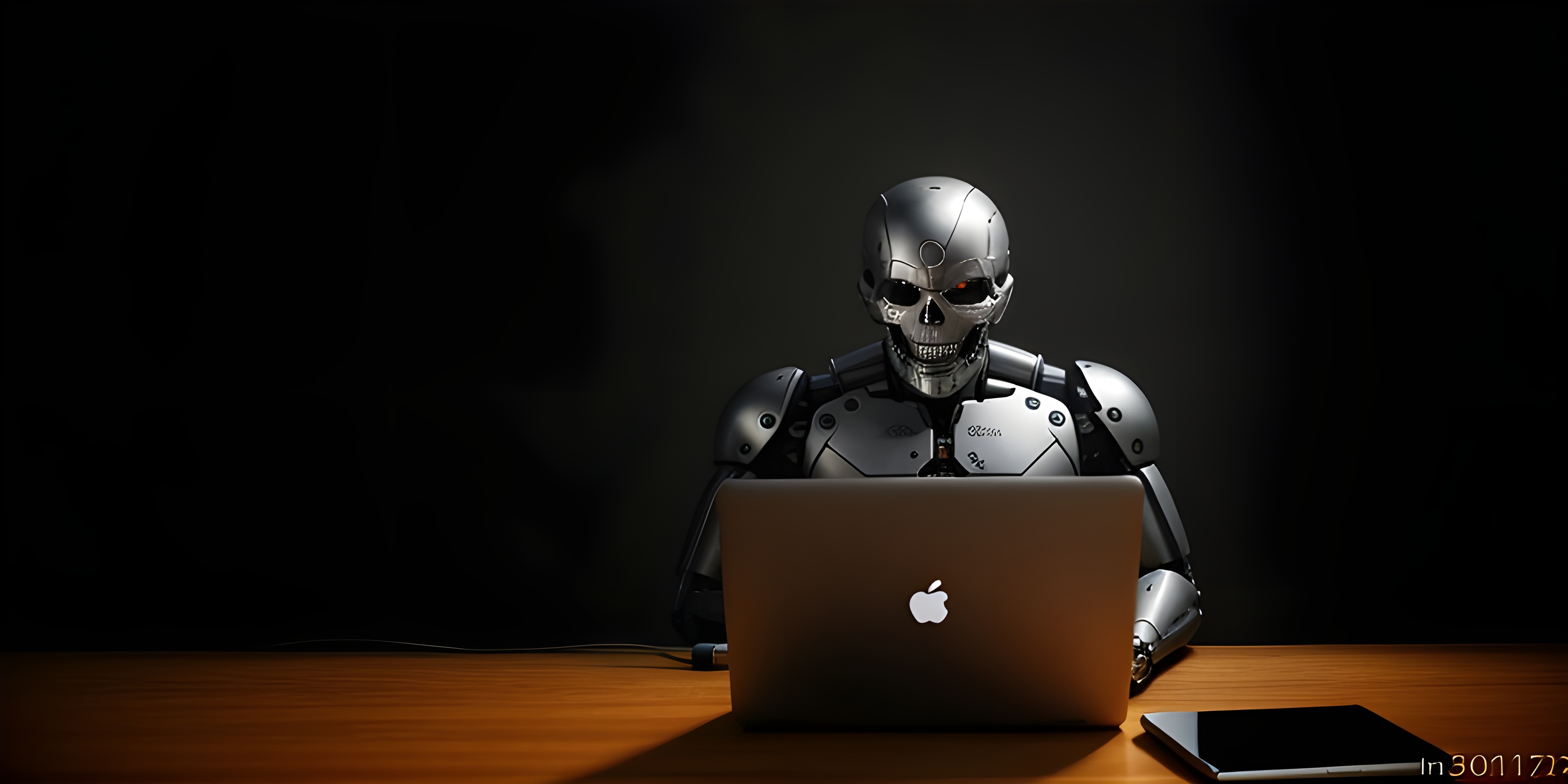 A cyborg facing the viewer while writing a blog post on a mac