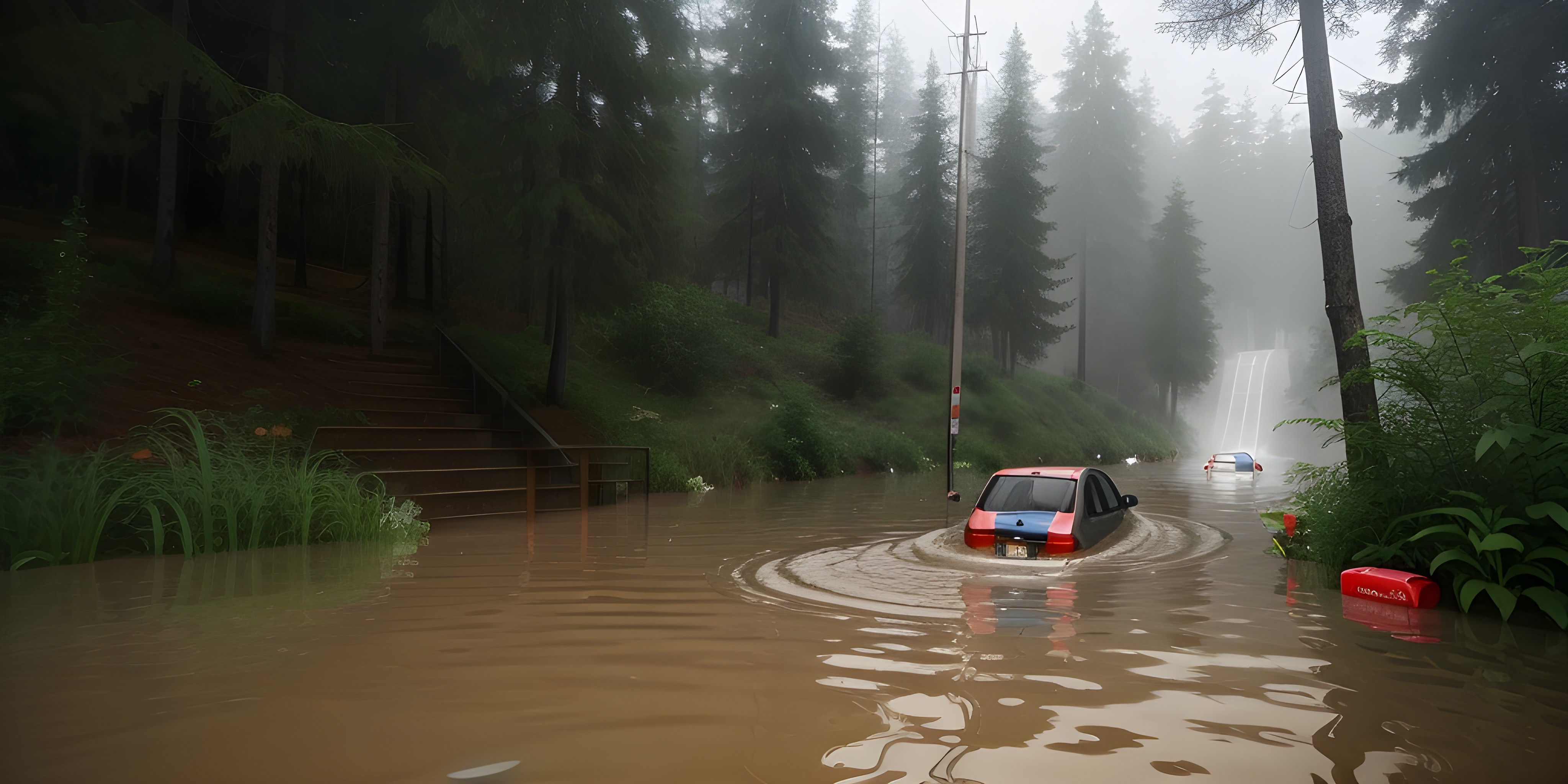 AI generated image for the prompt - flooding the zone with shit - showing a car driving through brown water in a suburban area