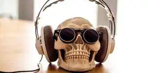 A human skull wearing sunglasses and a set of large headphones