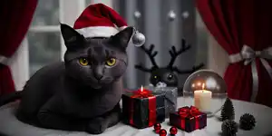 A dark grey cat wearing a red Christmas hat surrounded by wrapped presents next to a lit candle in a crystal ball